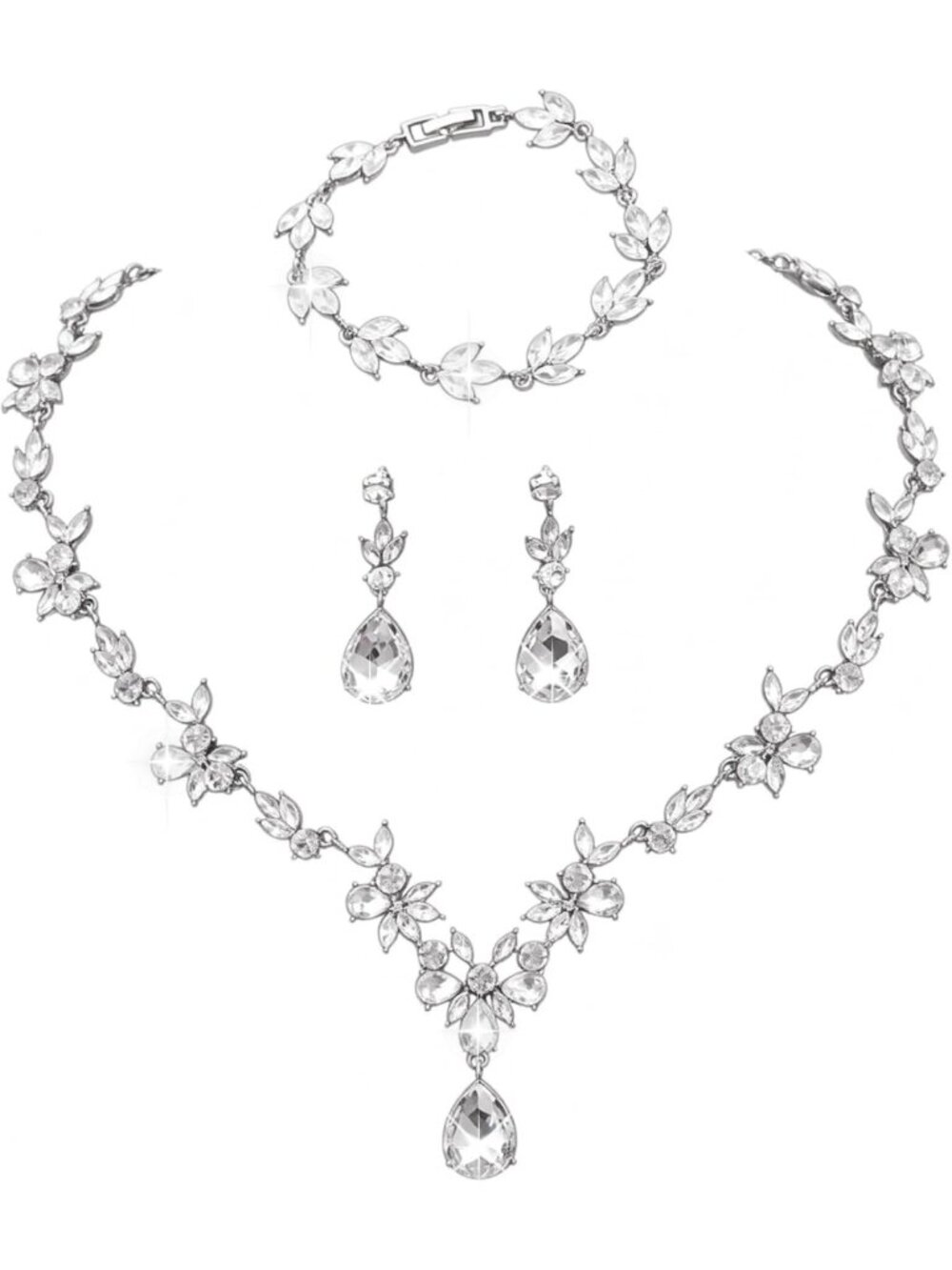 Elegant Bridal Jewelry Set - White Gold Plated Necklace, Dangle Earrings